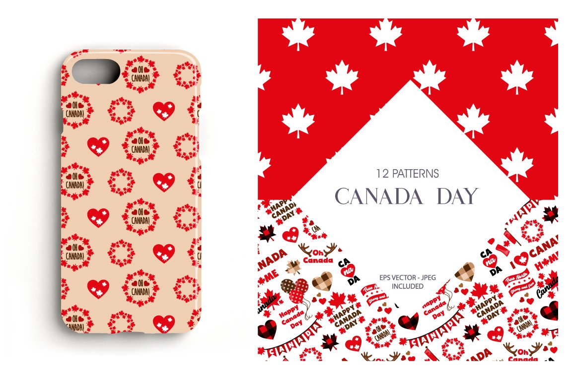 Iphone case with Canada Day patterns and banner with lettering "Canada Day".