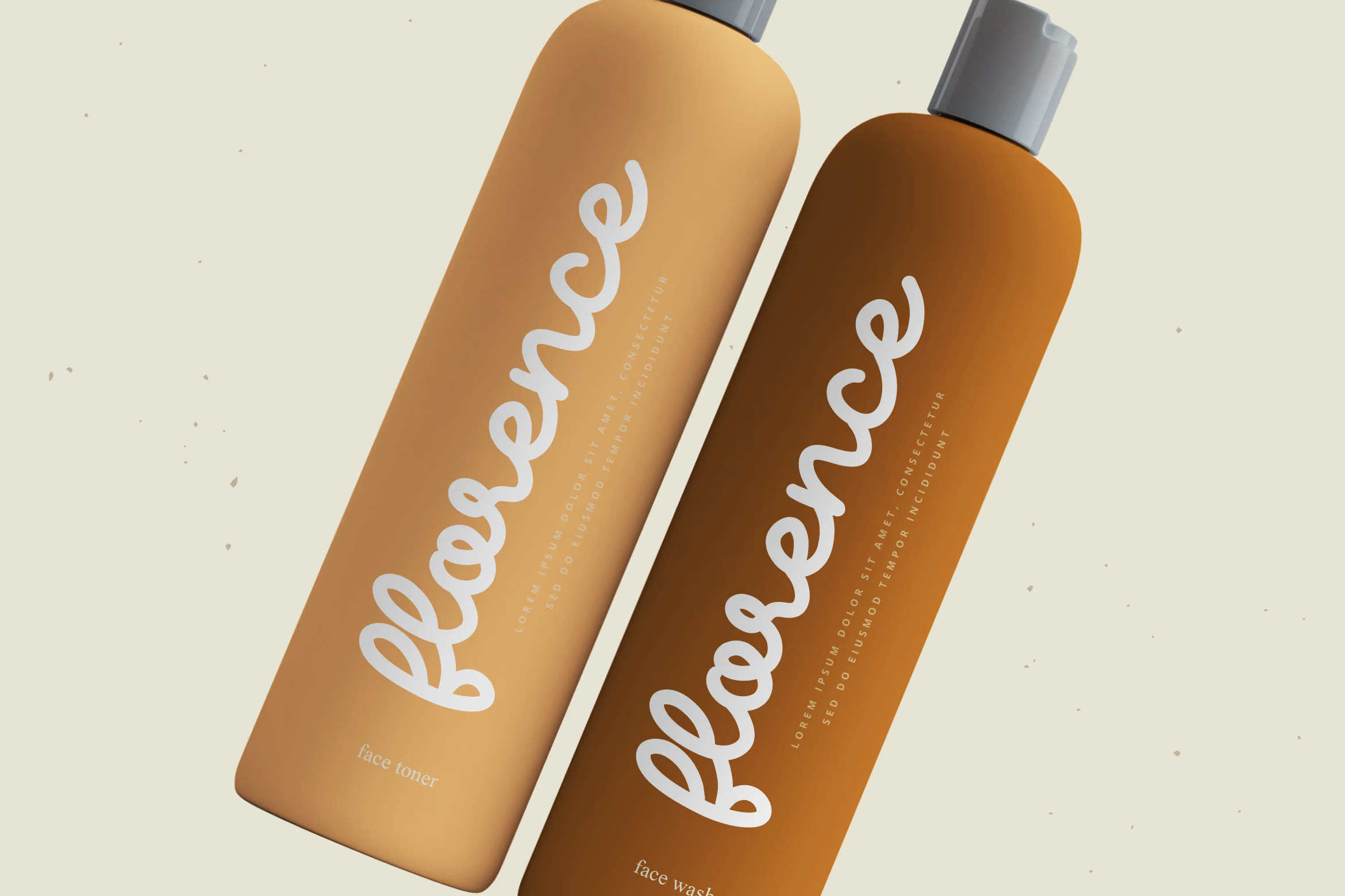 Matte beige and brown bottles with the white font.