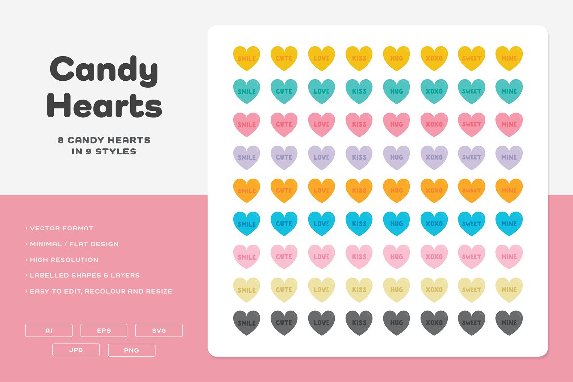 Black lettering "Candy Hearts" on a gray-pink background and a set of 72 different colorful hearts on a white background.