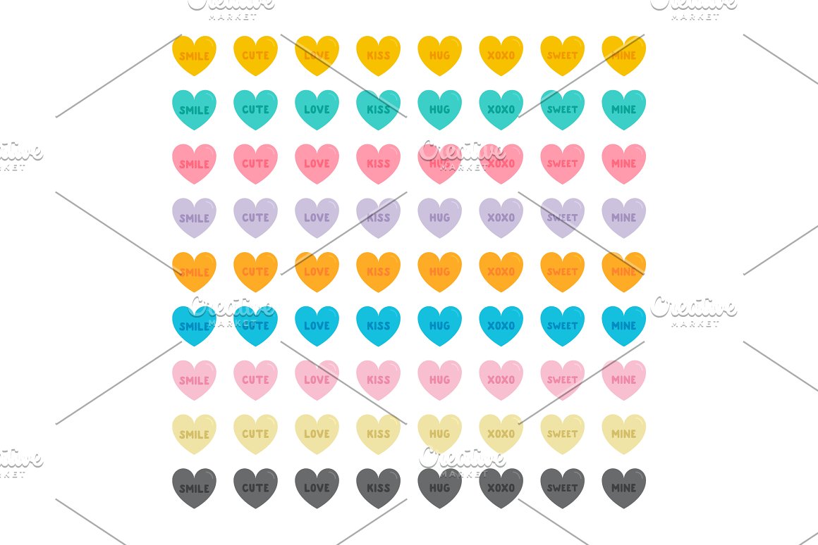 A set of 72 different colorful hearts on a white background.