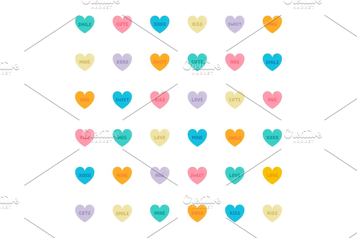 A set of 64 different colorful hearts on a white background.