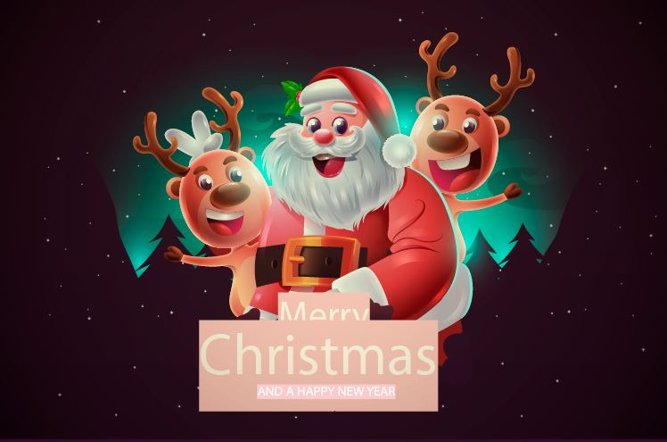 Gorgeous image with merry Santa and Christmas reindeer.