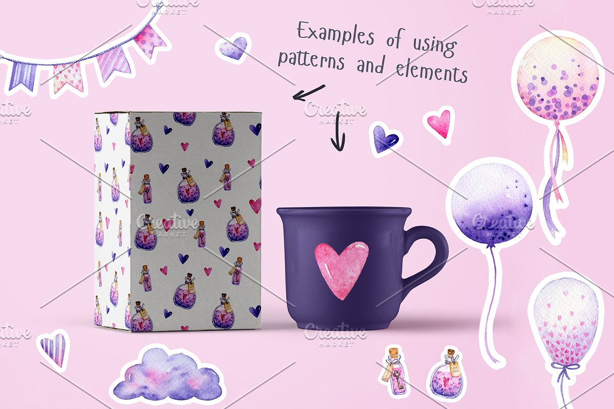 Examples of using patterns and elements - cardbox and cup.