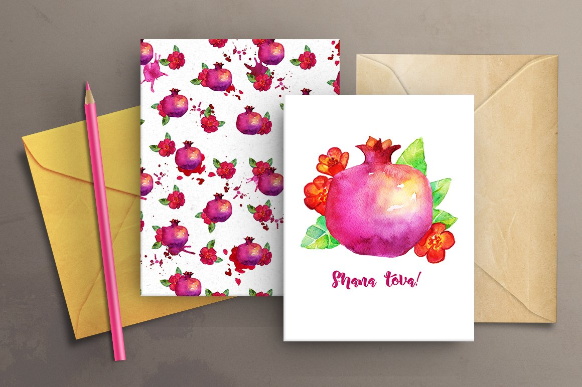 White postcard with red Pomegranate.