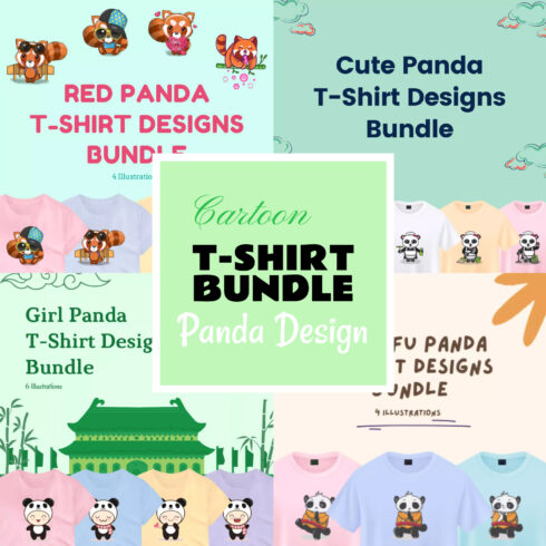 Cartoon Panda T-Shirt Designs Bundle.