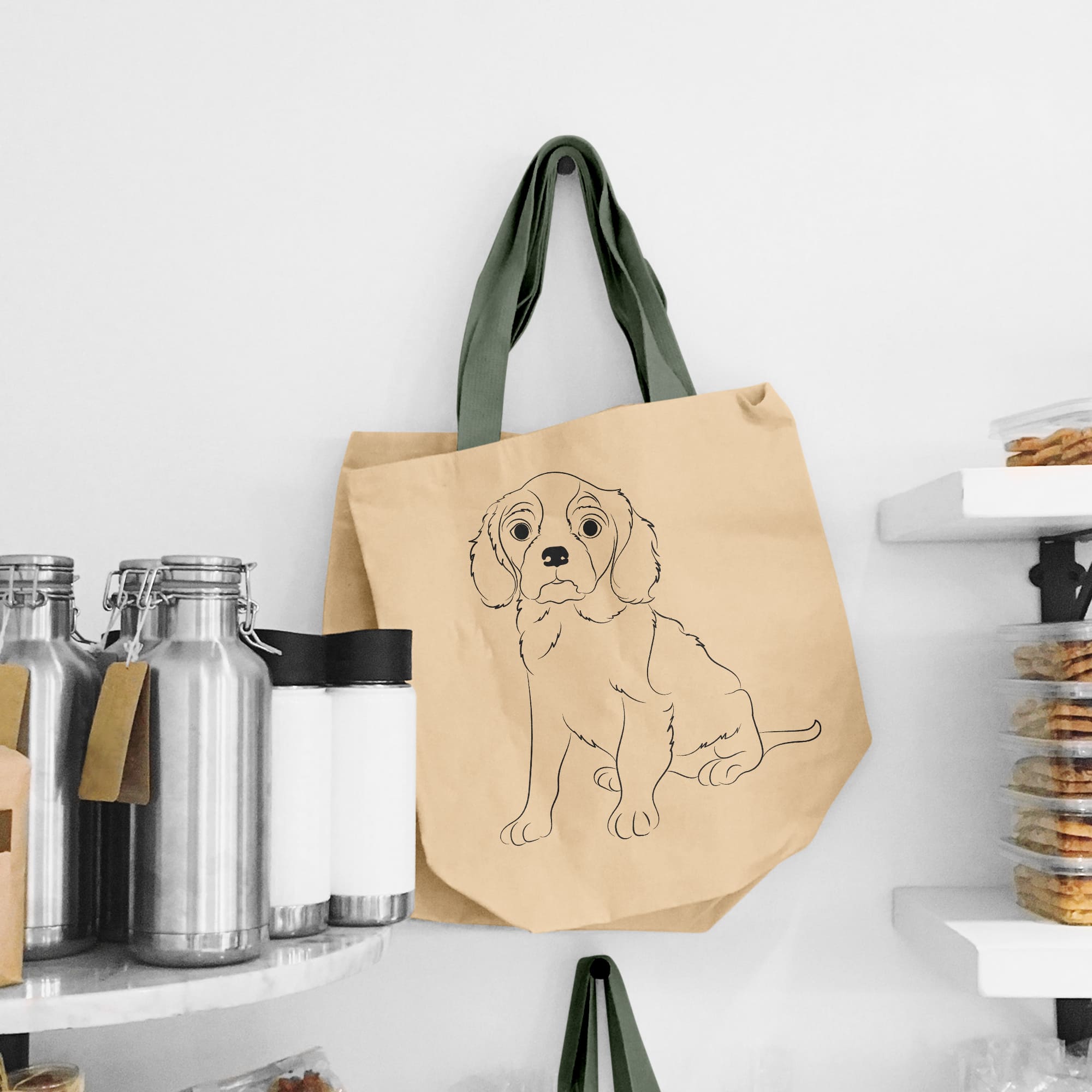 Dog is drawn on a bag on a shelf.