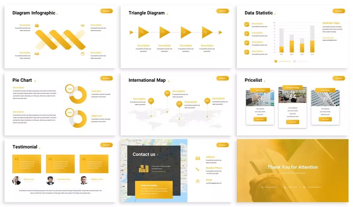 Bessan includes own yellow infographics and diagrams.
