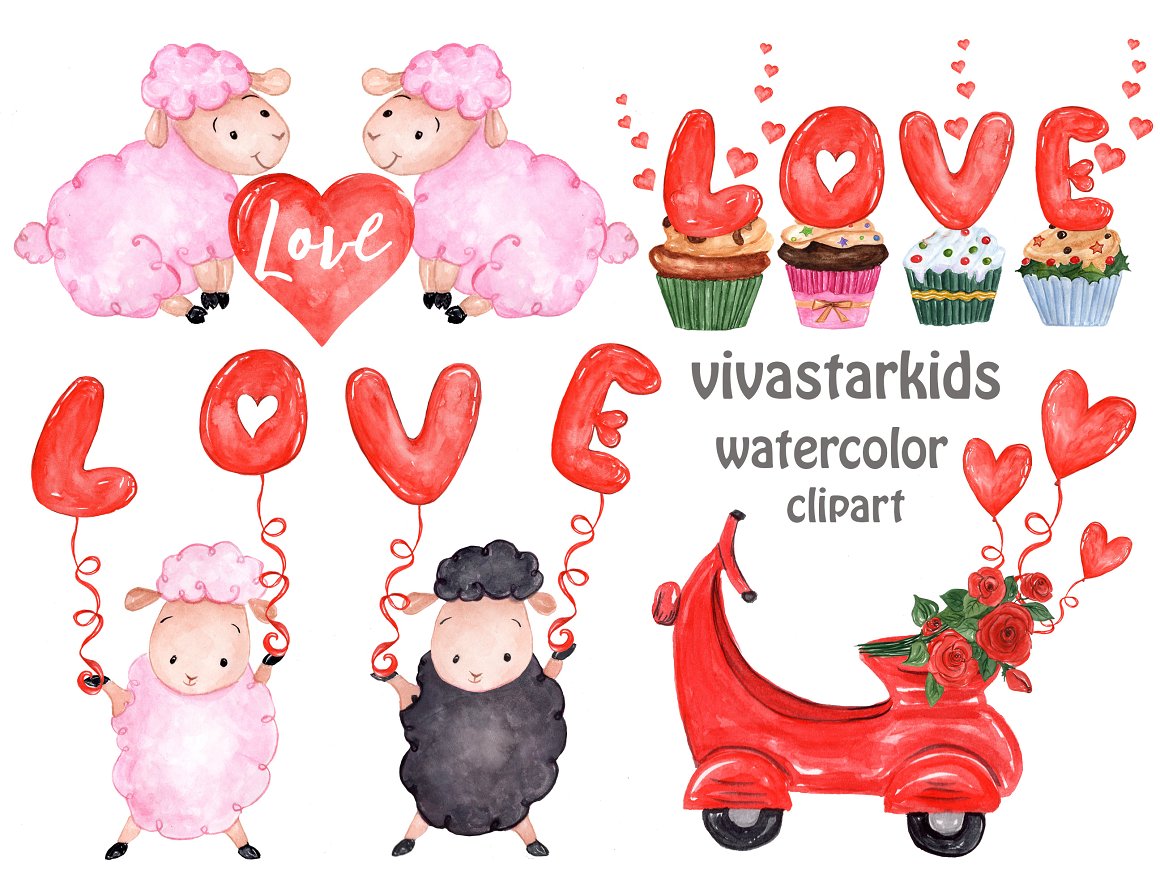 A red and pink set of 4 different illustrations of love and sheeps on a white background.