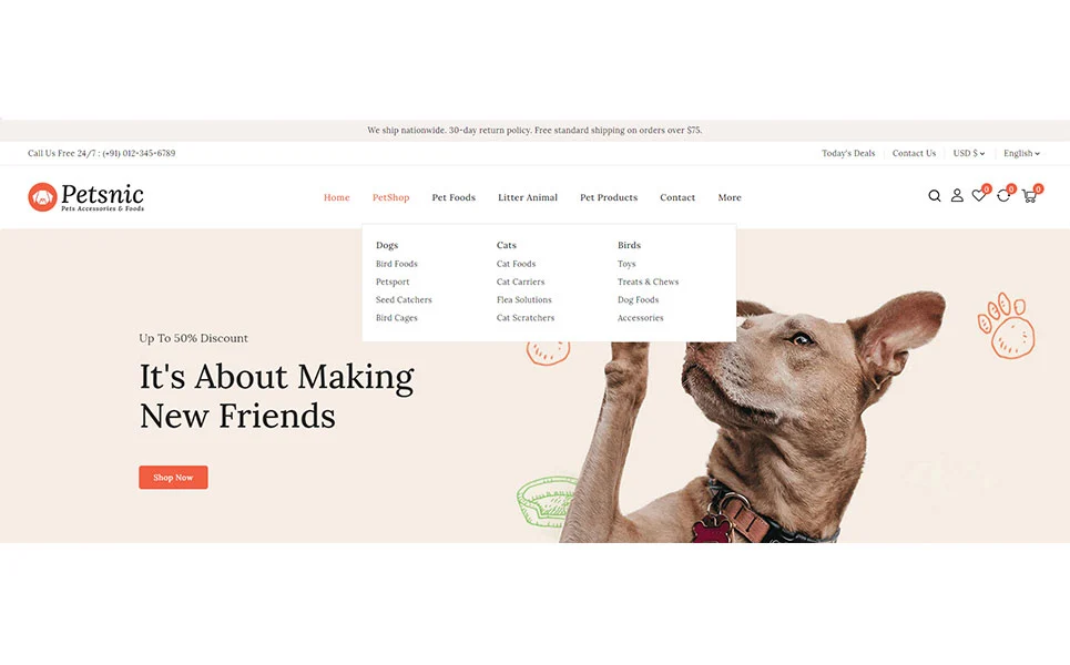 An example of header for web version pets store shopify with image of a dog.