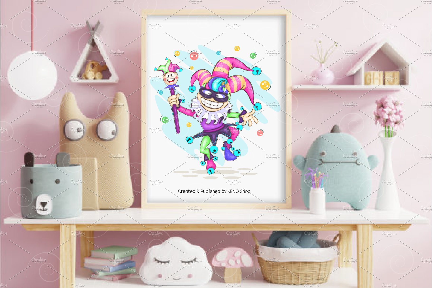 Big white poster with the cheerful cartoon harlequin.