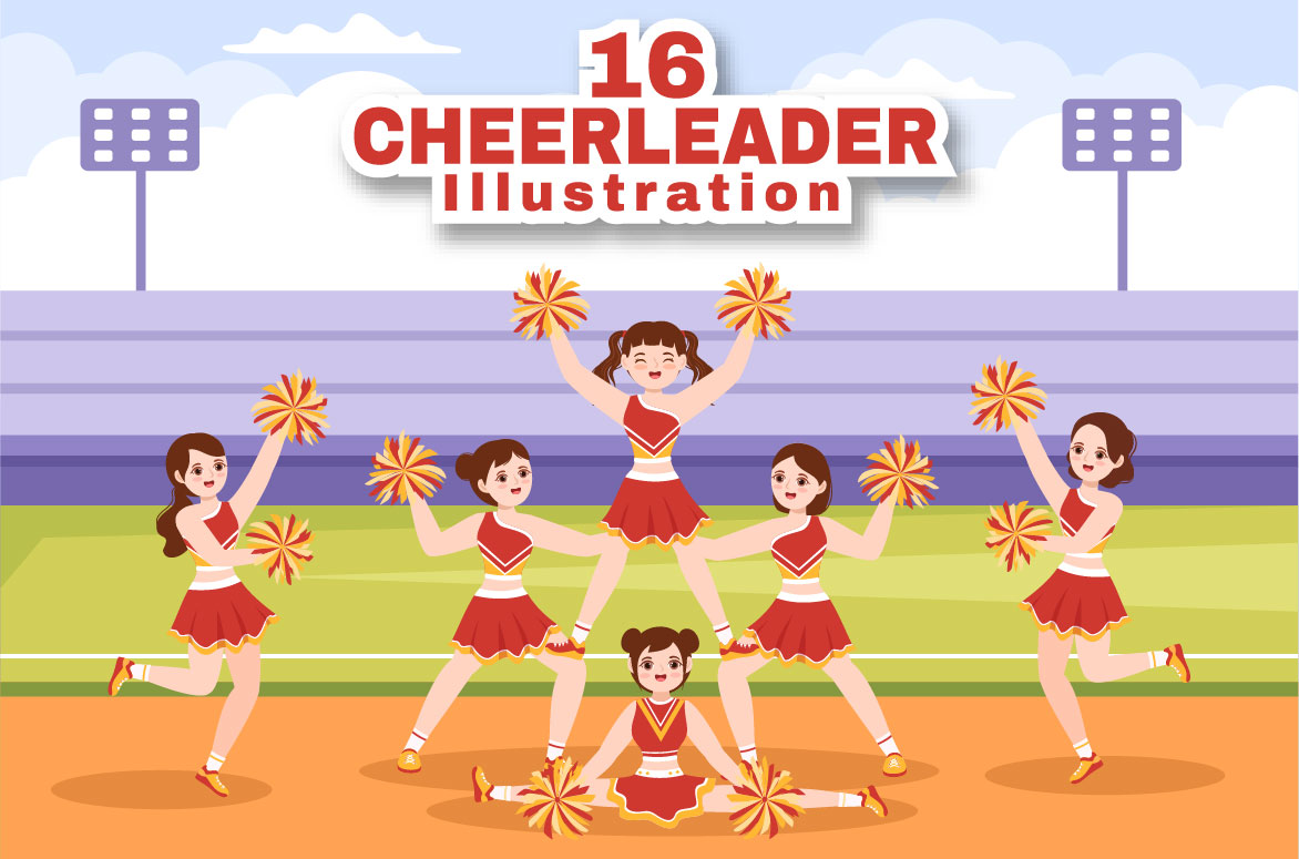 Colorful image with dancing girls cheerleaders in red outfits.