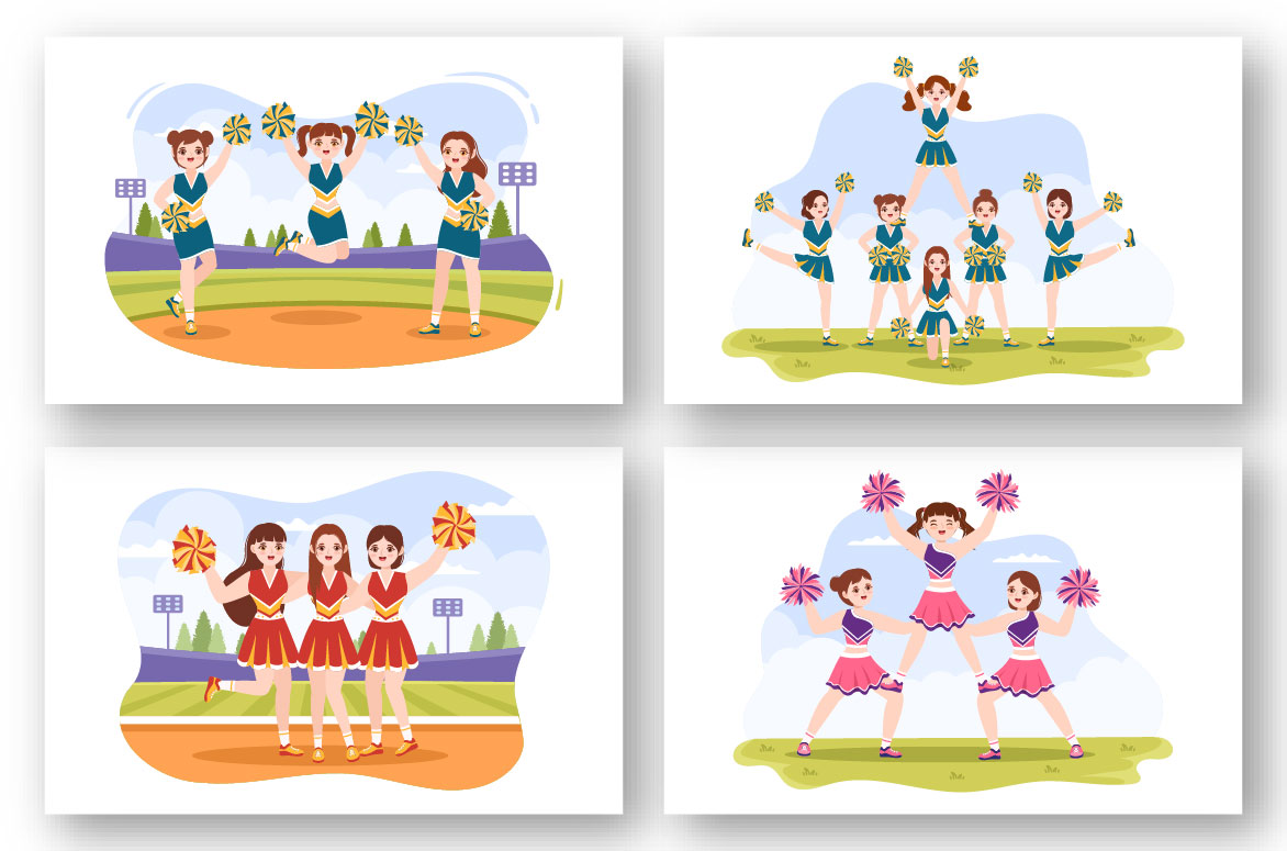 A selection of cartoon images of cheerleading girls performing acrobatic numbers.