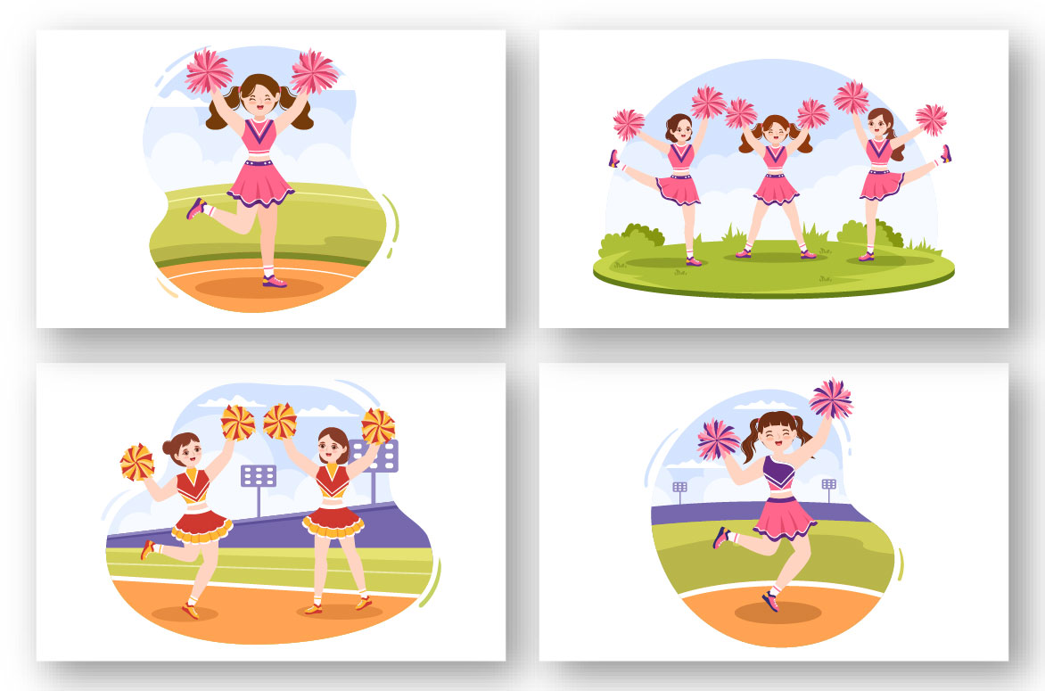 A set of charming images with cheerleader girls dancing in beautiful outfits.