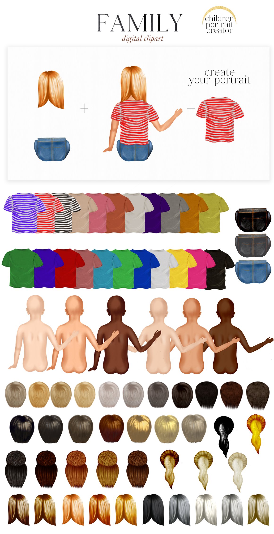 A set of body in different skin tones, clothes and hairstyles for children.