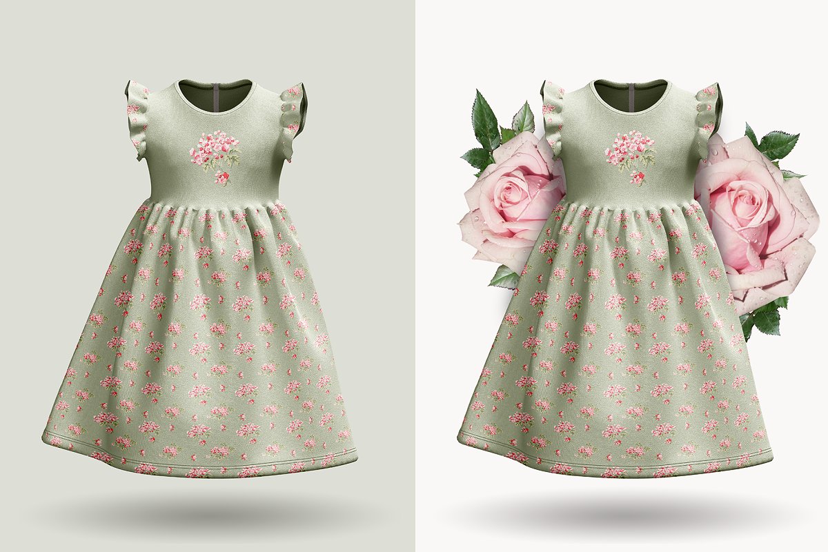 Child dress mockup with pink flowers.