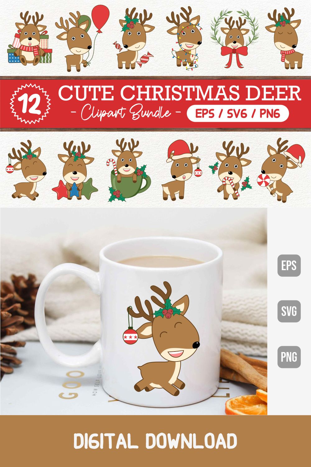 Cute Christmas Deer Clipart Design Bundle pinterest image.
