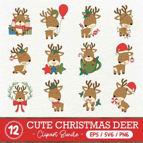 Cute Christmas Deer Clipart Design Bundle cover image.