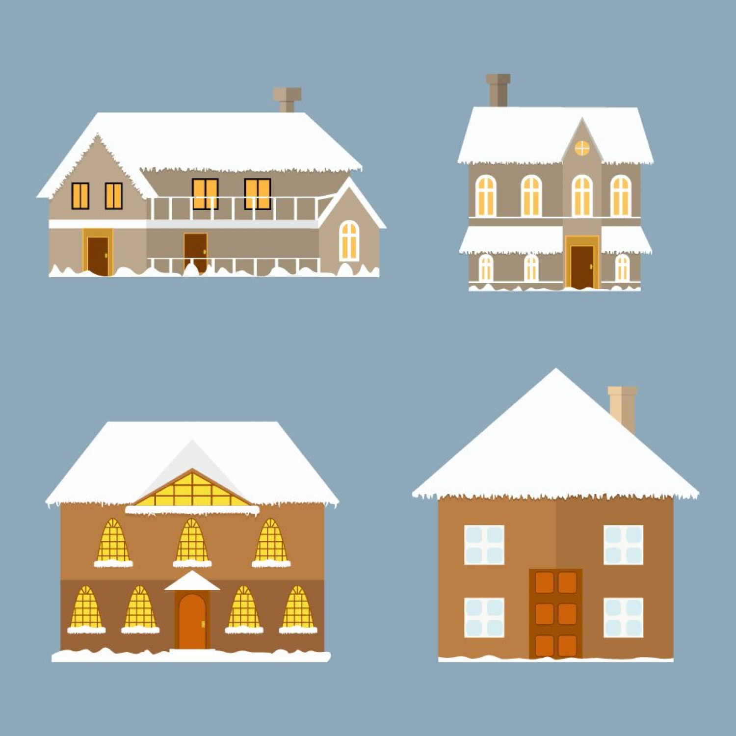 Christmas House Vector Set with Snow cover.