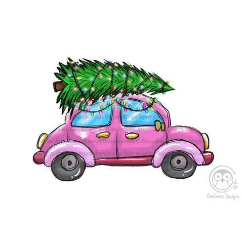 Gorgeous image of a car with a Christmas tree on the roof.