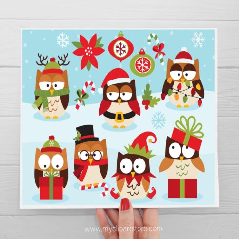 Christmas Owls Clipart, SVG main cover image.