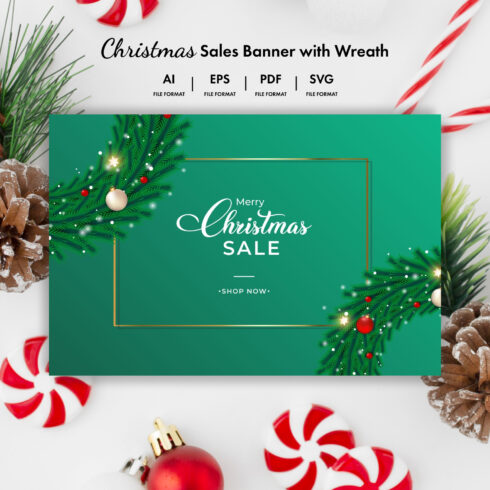 Christmas Sales Banner with Wreath.