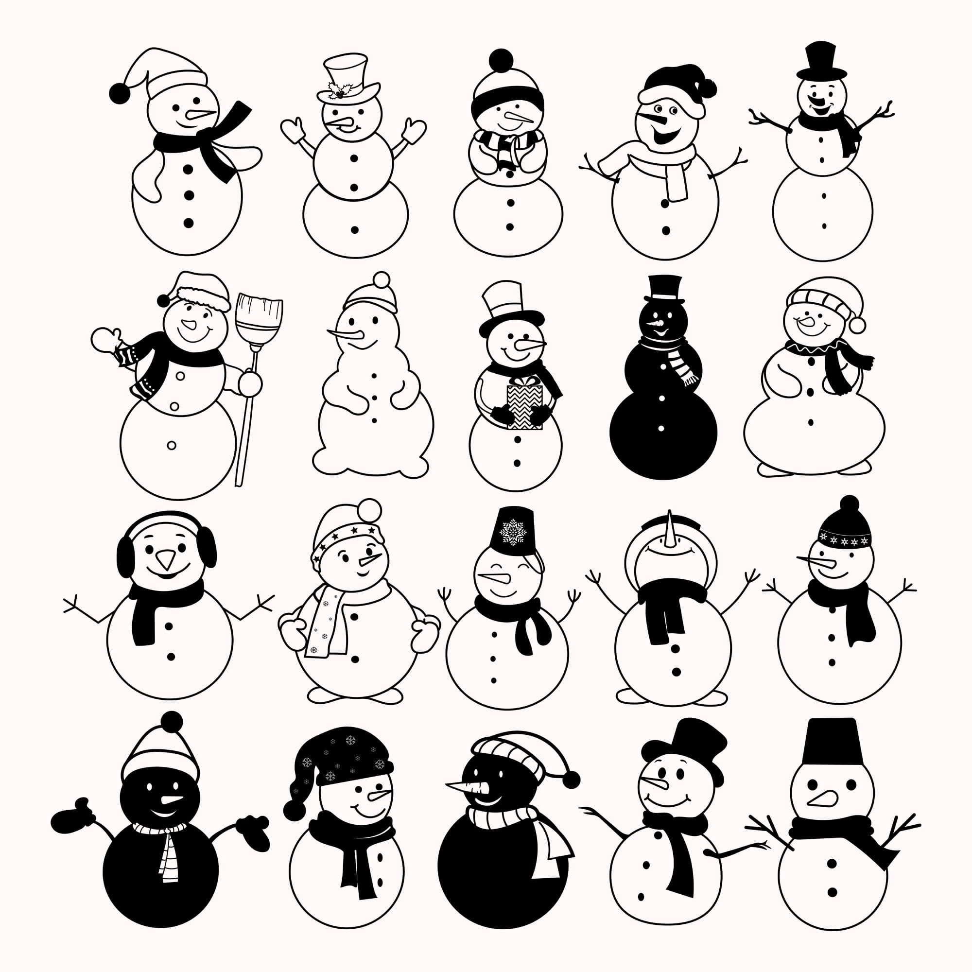 Christmas snowman clipart in outlined style.