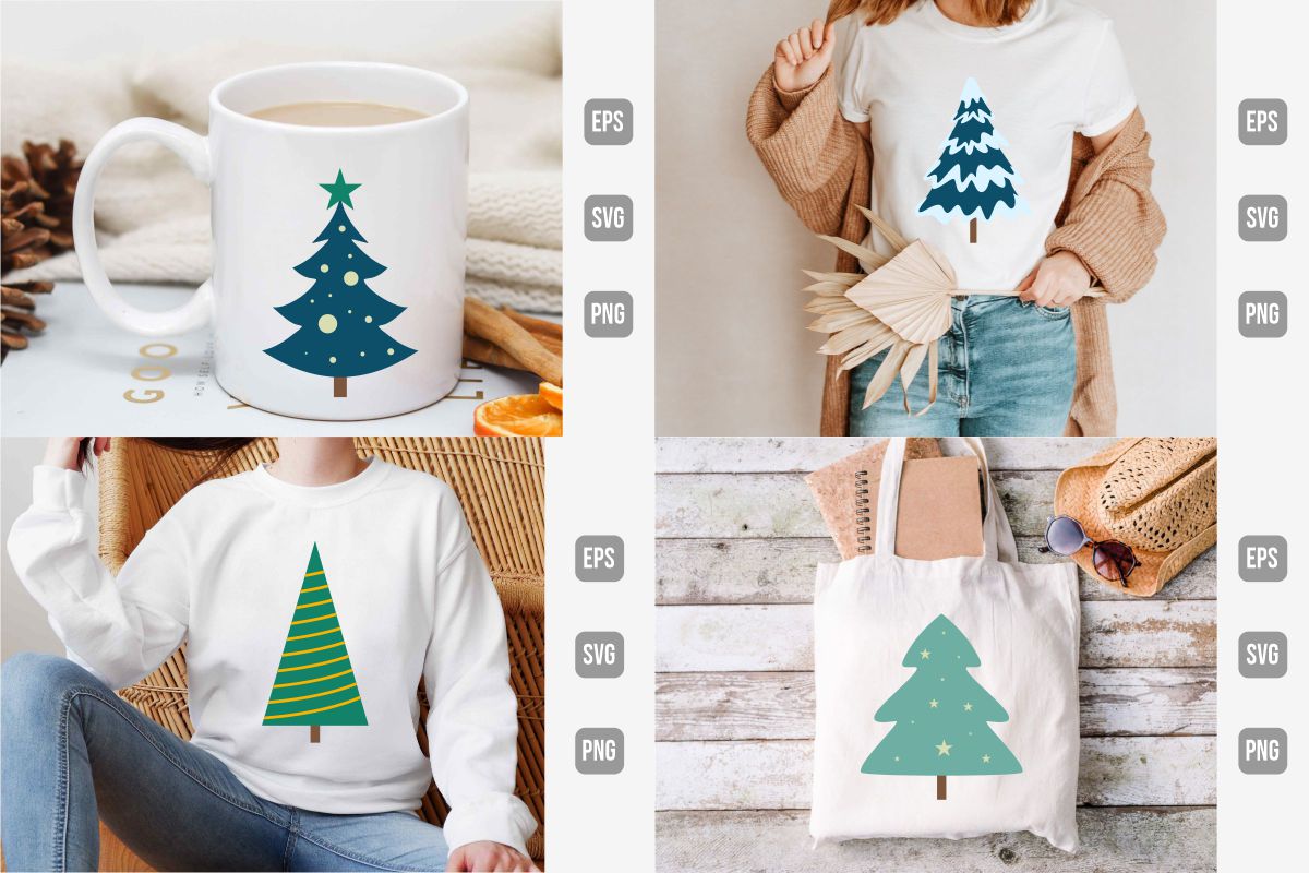 A pack of images of items with amazing prints of Christmas trees.