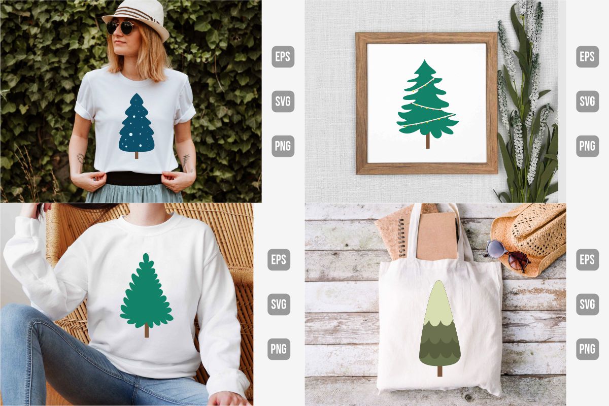 A selection of images of items with exquisite prints of Christmas trees.