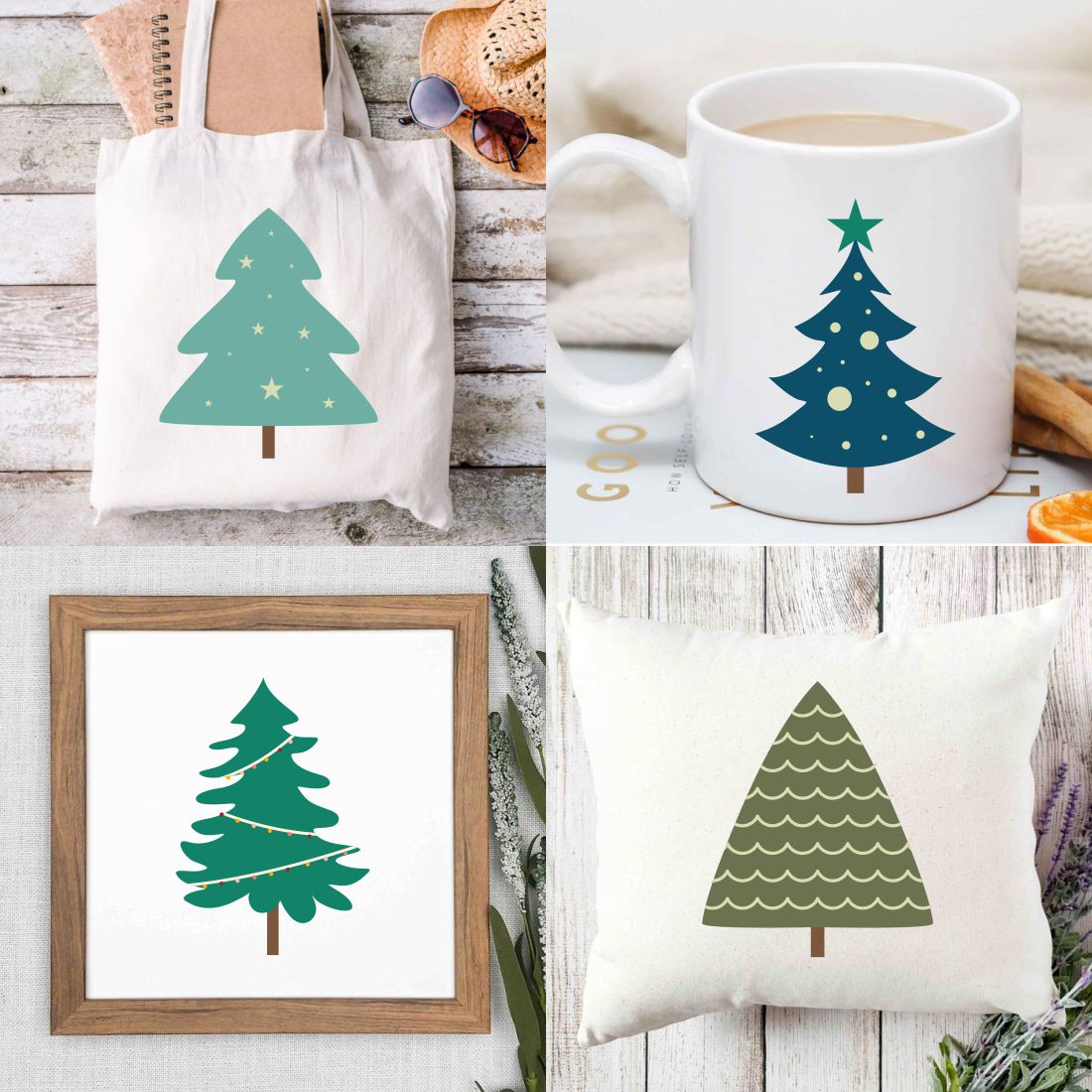 Set of images of objects with charming prints of Christmas trees.