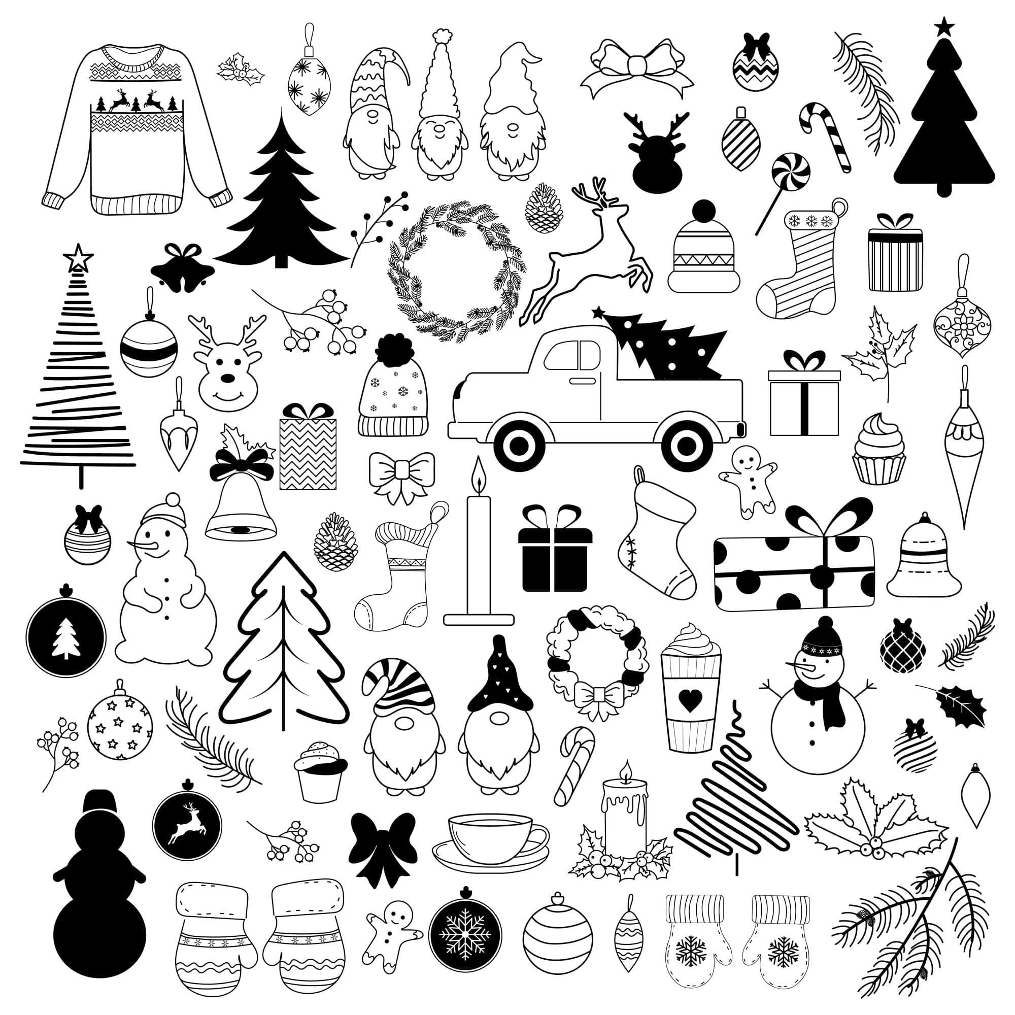 Christmas elements in outlined style.
