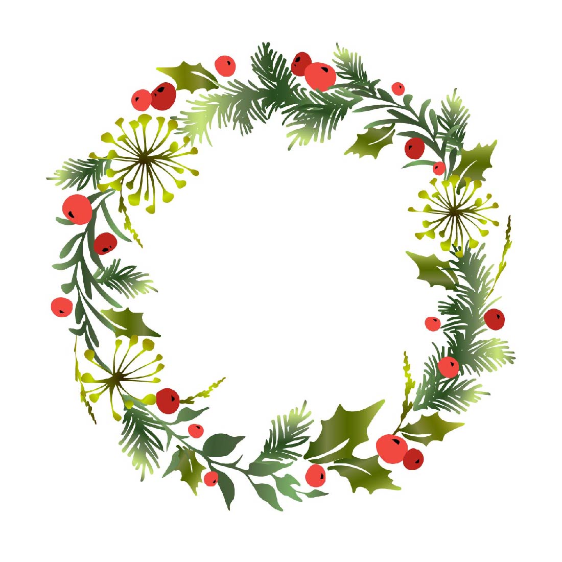Colorful image with decorative Christmas wreath with mistletoe leaves, fir branches and holly berries.
