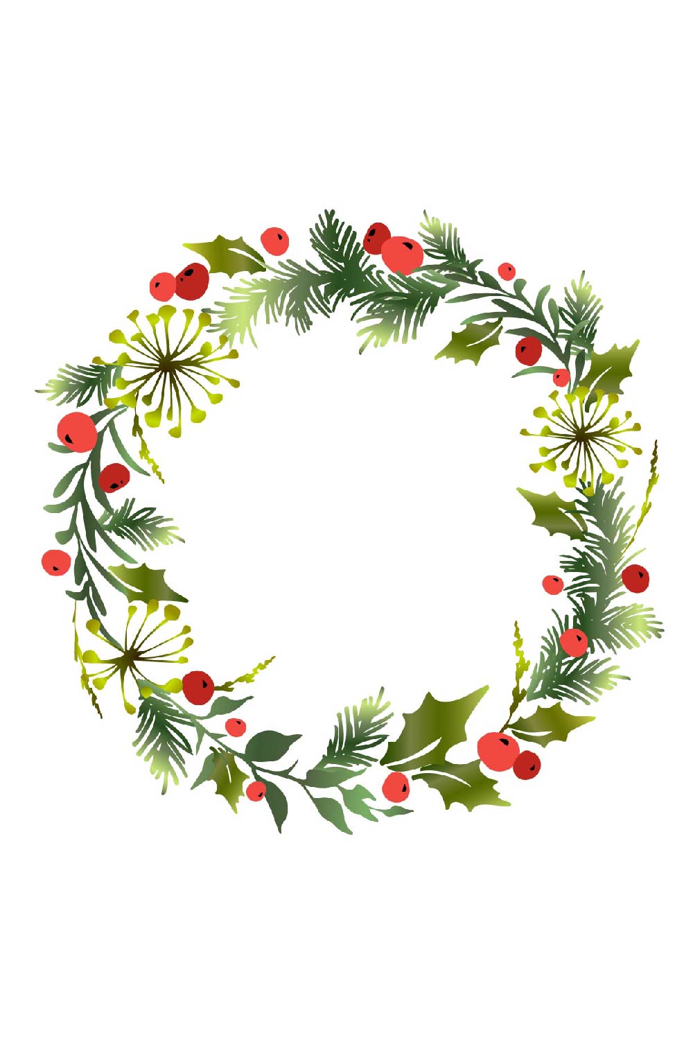 Charming image with a decorative Christmas wreath with mistletoe leaves, fir branches and holly berries.