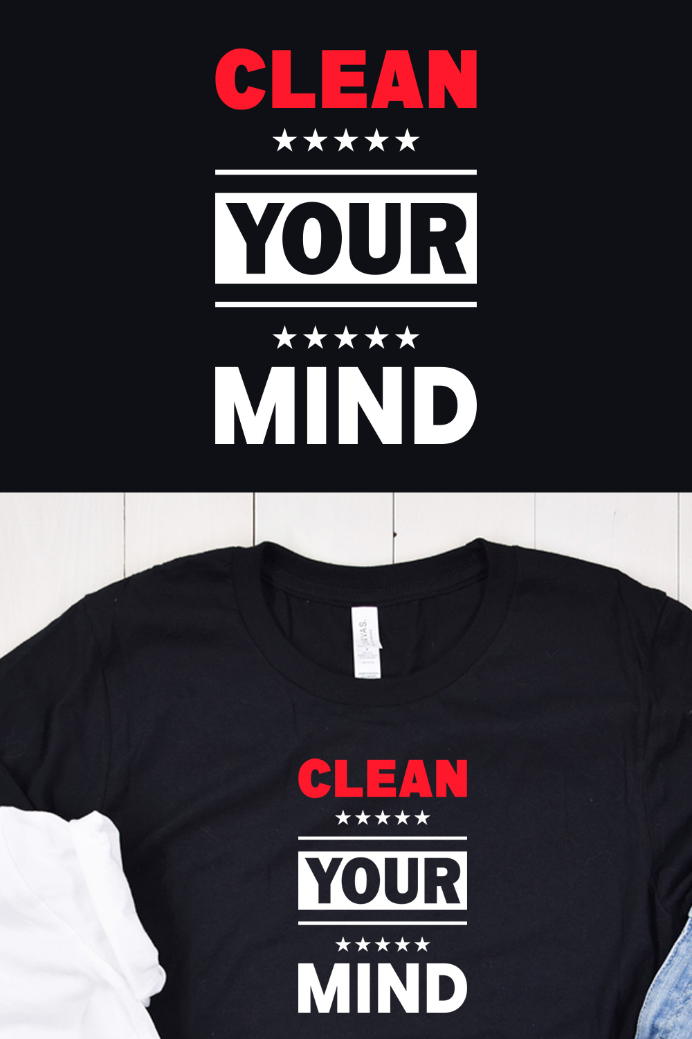 Image of a black t-shirt with a beautiful "clear your mind" lettering in red and white colors.