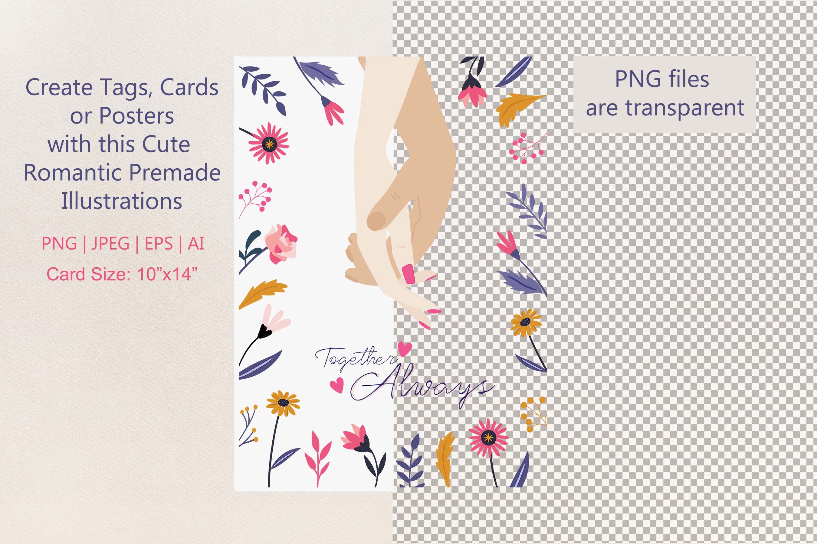 Create tags, cards or posters with this cute romantic premade illustrations.