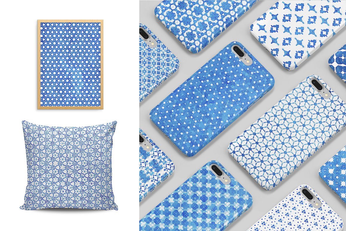 A set of a pillow, a painting in wooden frame and a lot of iphone cases with blue watercolor pattern.