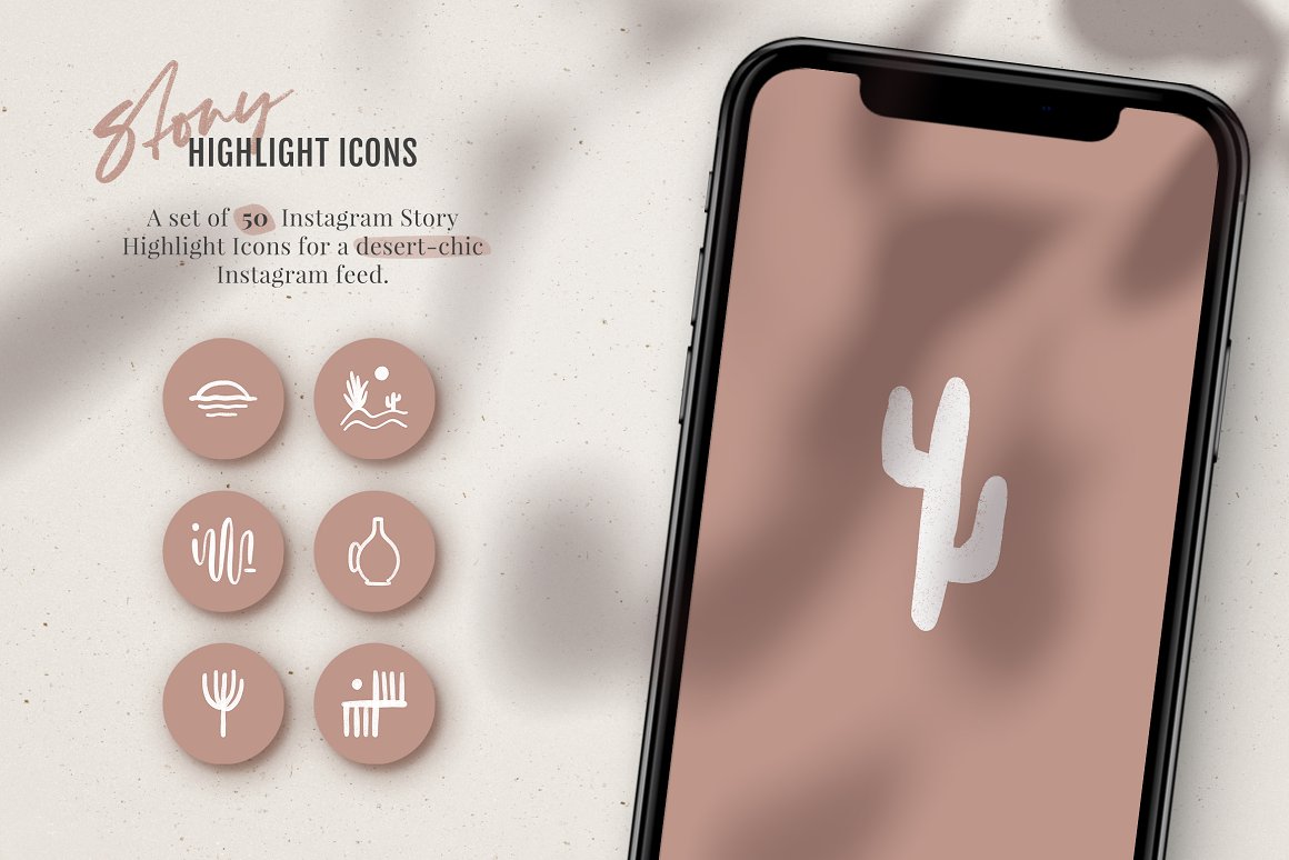 Iphone mockup with white icon of cactus on a pink background and 6 different white-pink highlight icons.