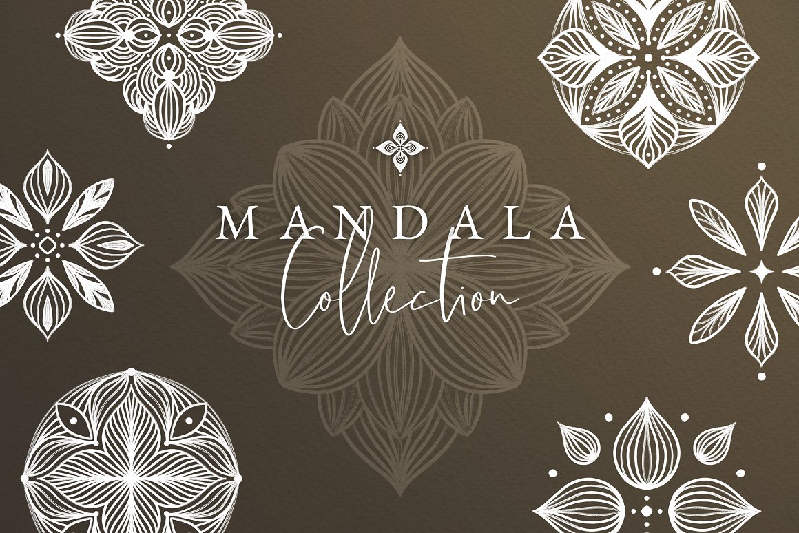 White lettering "Mandala Collection" and different white illustrations on a brown background.