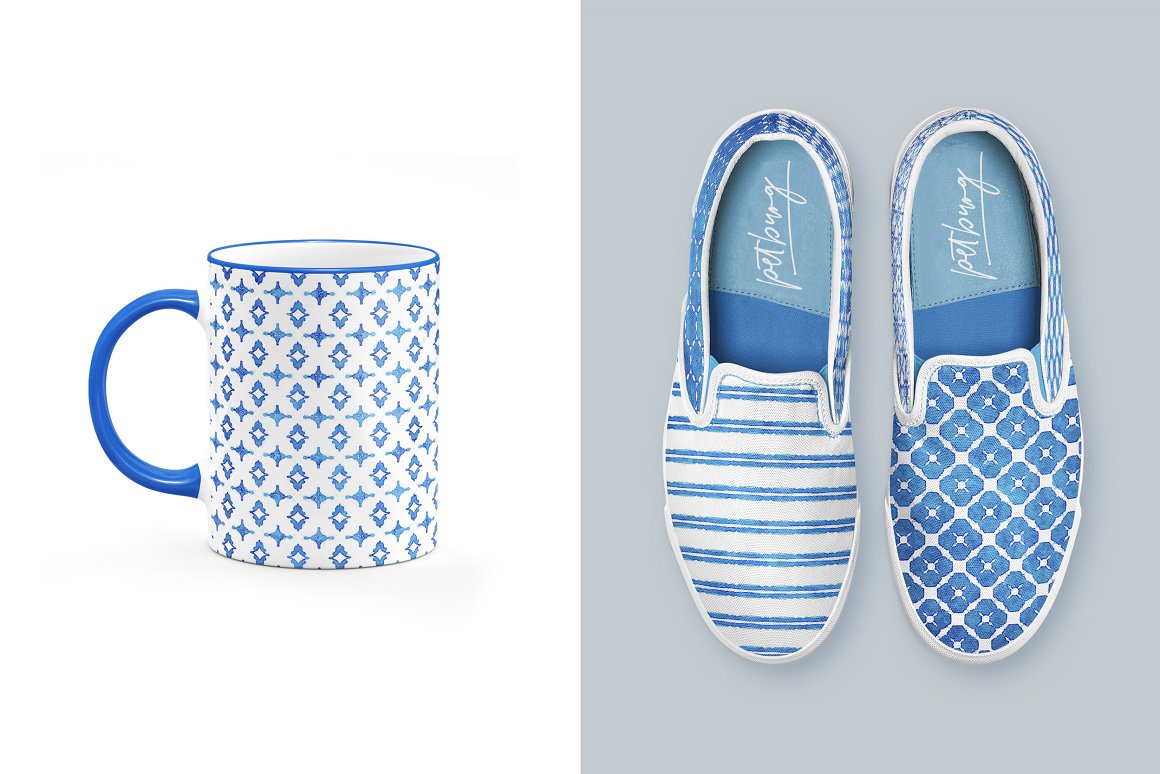 A white cup with a blue watercolor pattern and shoes with a different pattern.