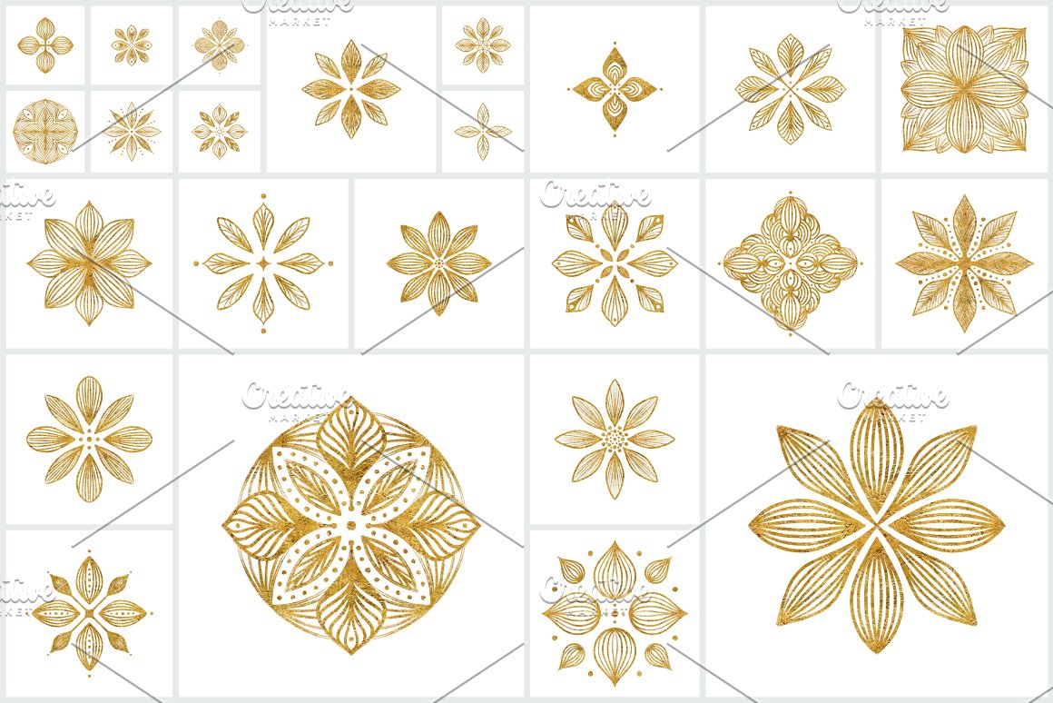 A set of 24 different golden hand-drawn Mandalas on a white background.