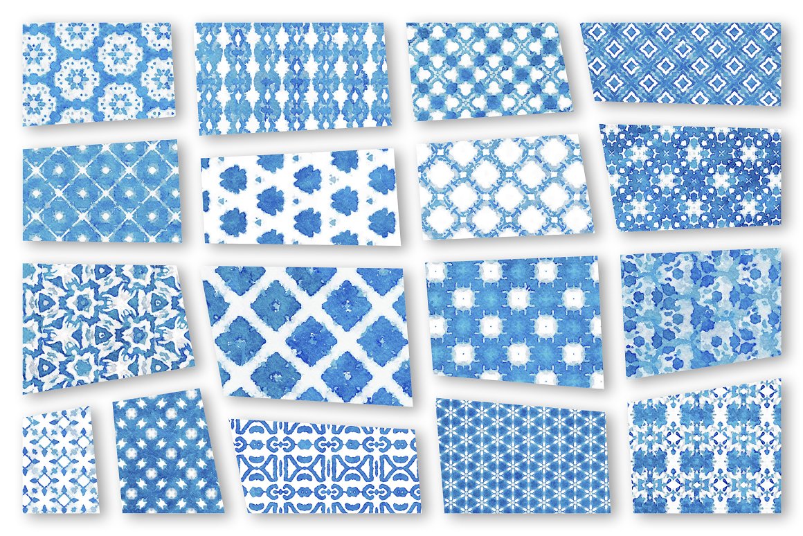 Collection of 25 different indigo blue patterns on a white background.
