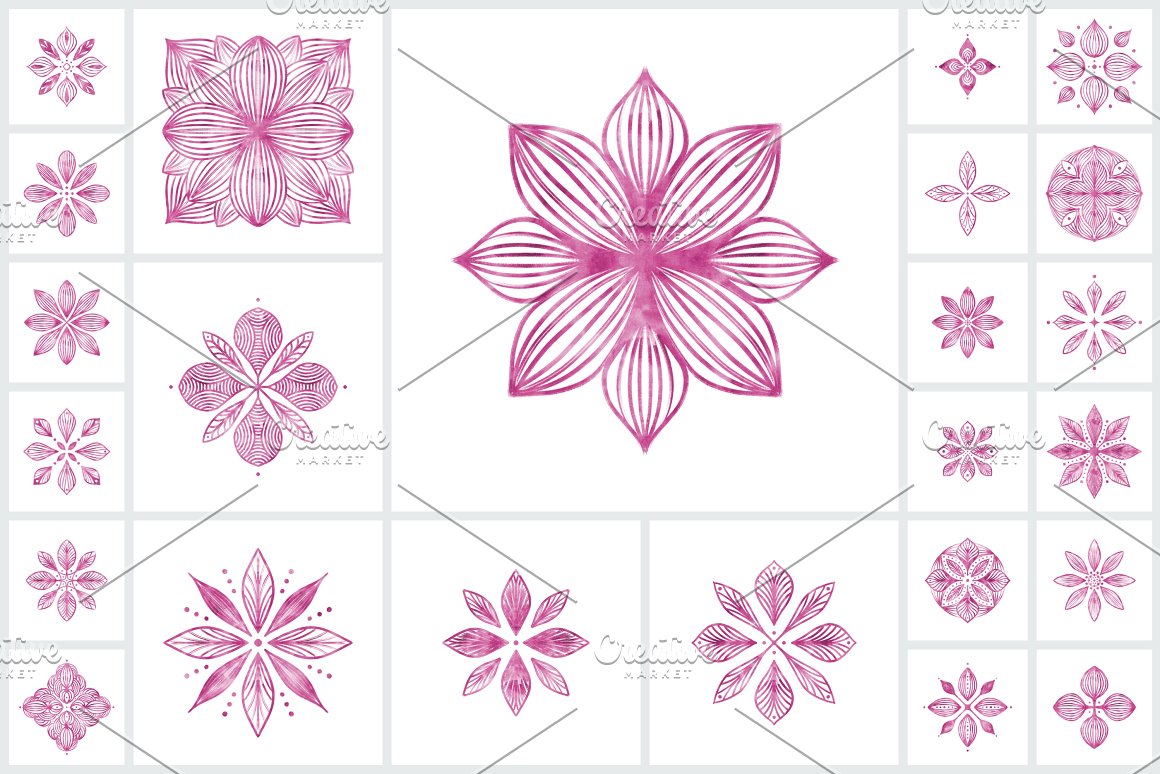 Collection of 24 pink hand-drawn Mandalas in different variations.