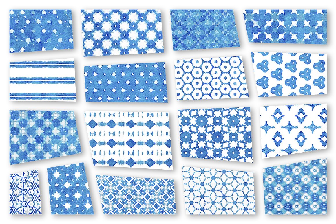 25 different blue watercolor patterns on a white background.