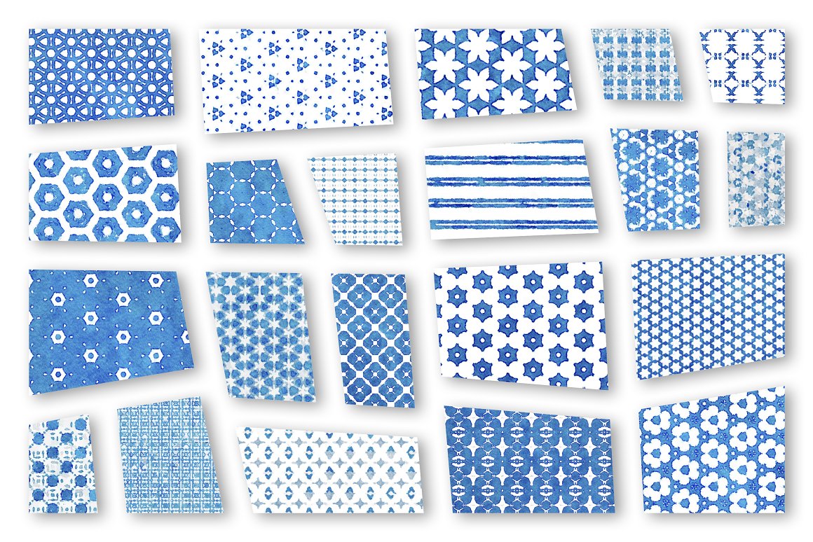 A set of 22 different indigo blue dye patterns.