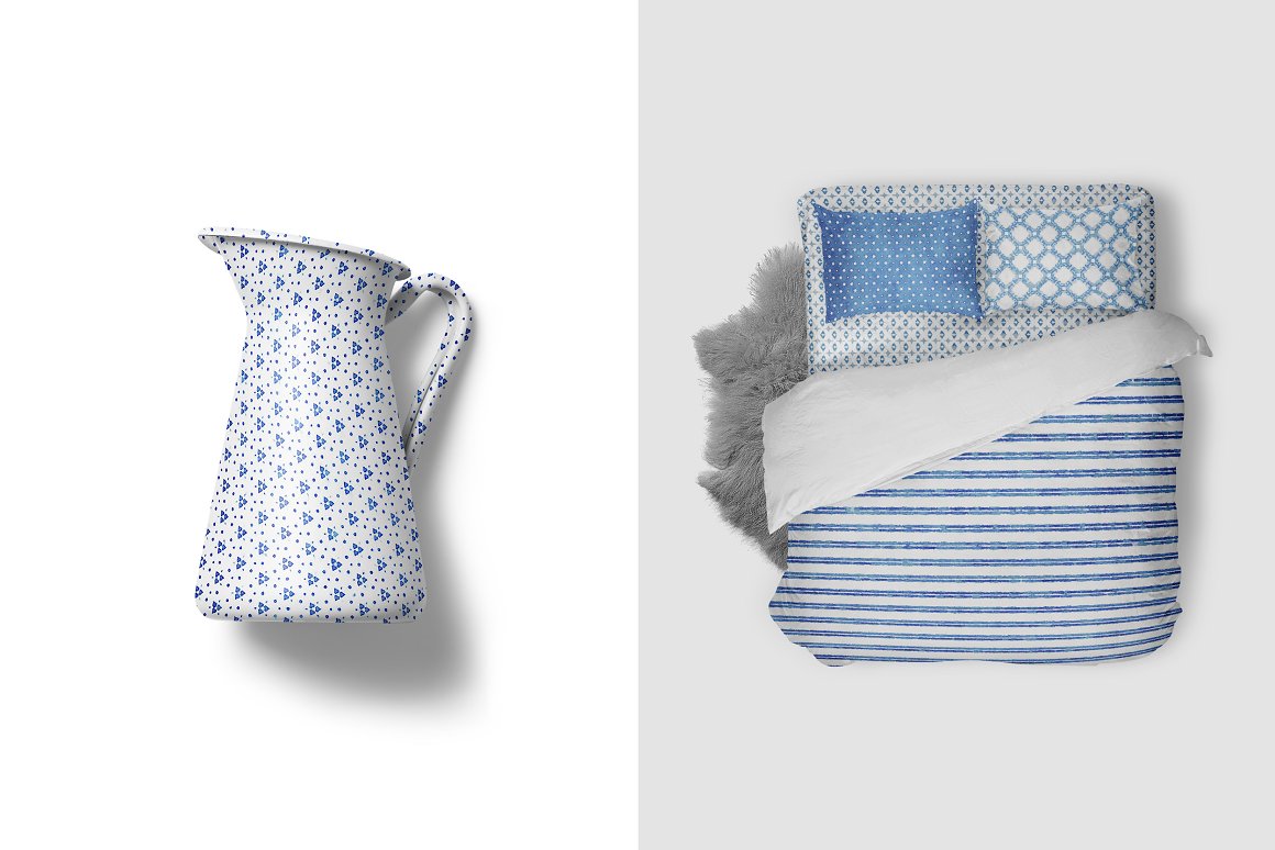 White pitcher with blue watercolor pattern and white bed clothes with other pattern.