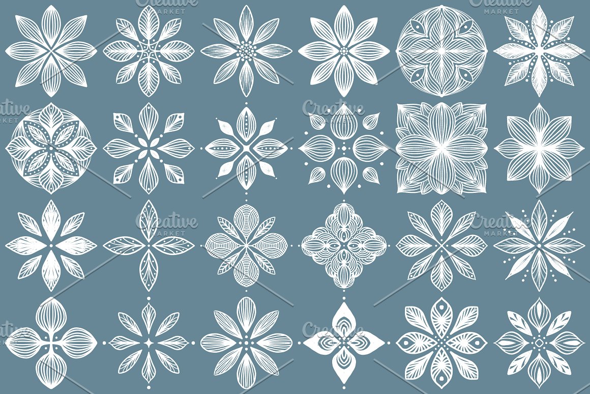 24 different white hand-drawn Mandalas on a blue background.