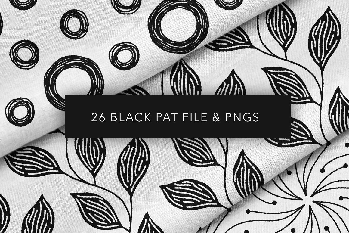 White lettering "26 black PAT file & PNGs" and 3 white rolls of textile with black ethnic boho pattern.