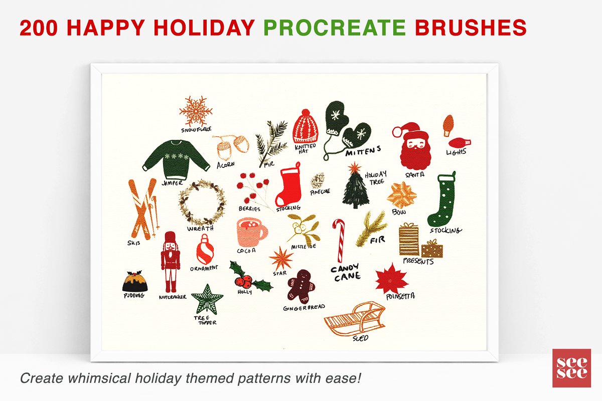 Cover image of 200 Happy Holiday Procreate Brushes.