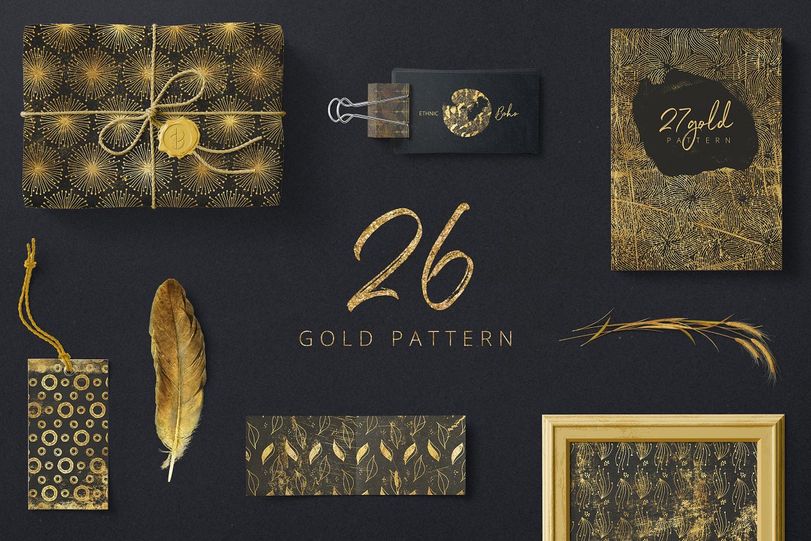 Golden lettering "26 Gold Pattern" and different black products with golden ethnic boho pattern.