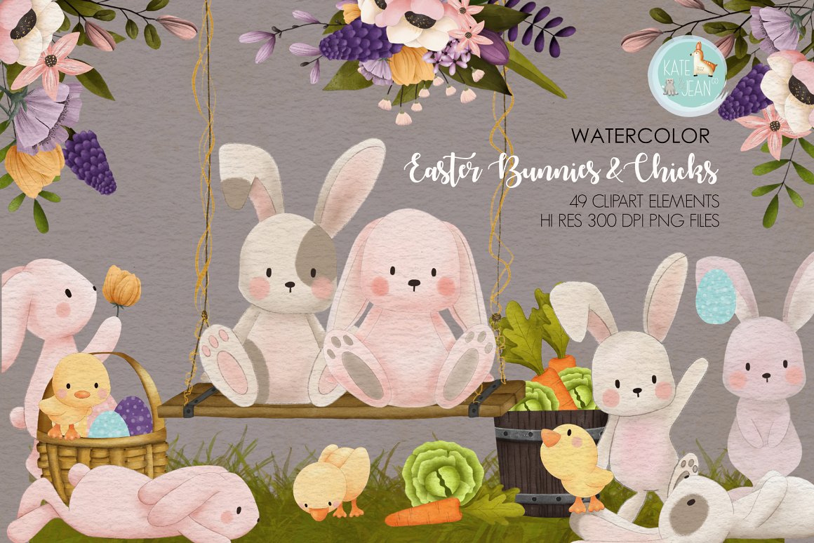 White lettering "Easter Bunnies & Chicks" and different illustrations of bunnies and chicks.