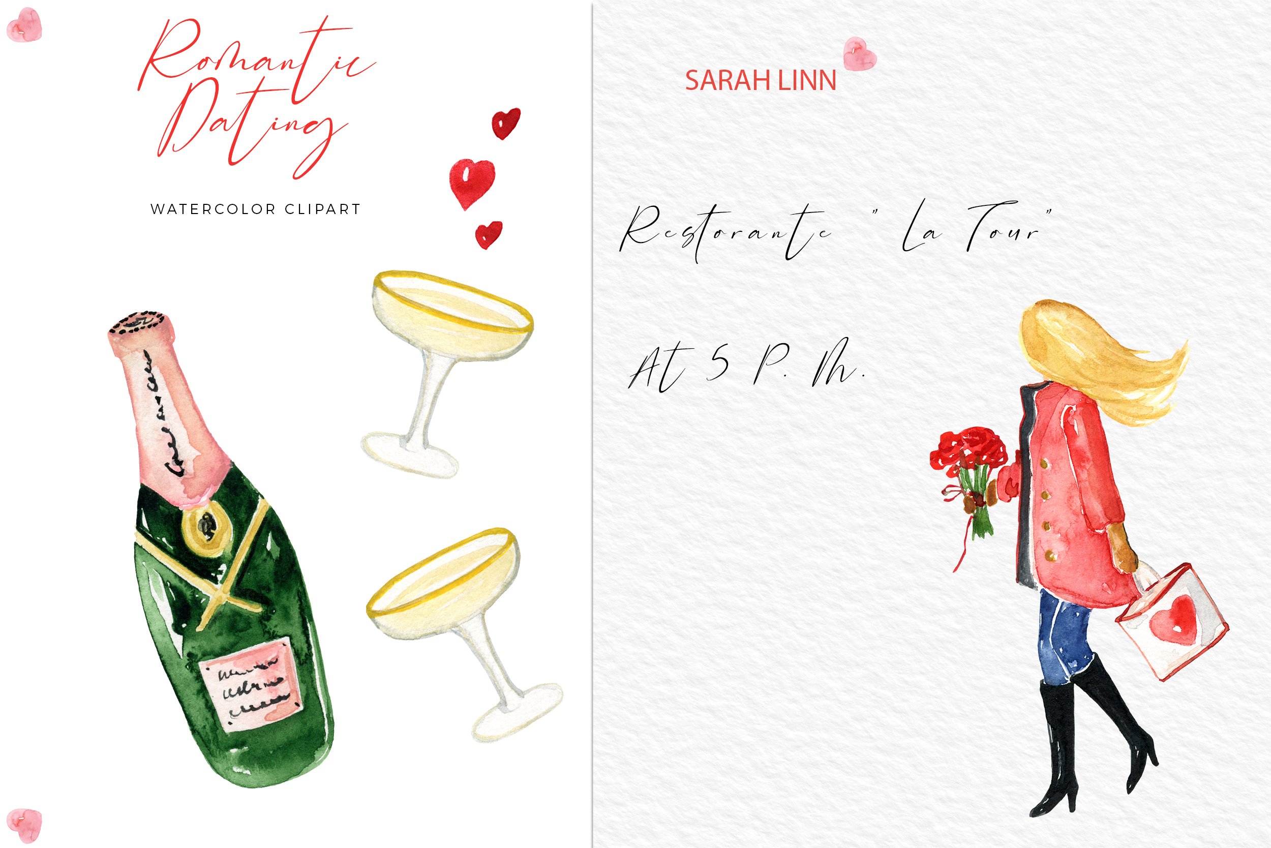 Two watercolor illustration - one of them with the champagne, second - with the romantic man.